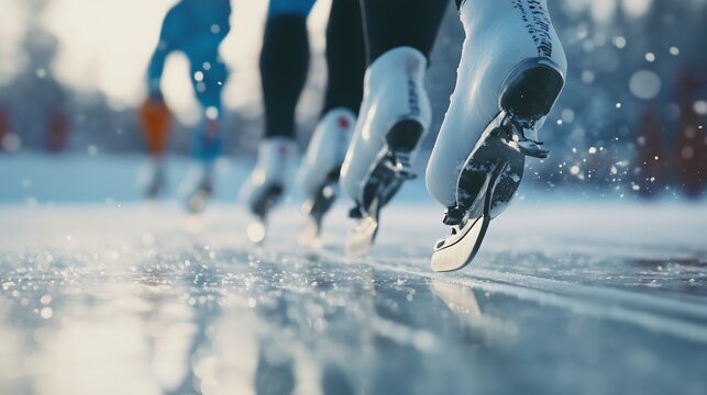 Speed skaters gliding on a frozen rink during an early morning practice session in a winter landscape