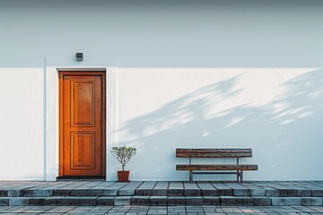 Minimalist Home Entrance with Wooden Door and Bench