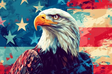 A majestic eagle set against a vibrant American flag backdrop, symbolizing freedom and patriotism with dynamic colors and artistic flair.