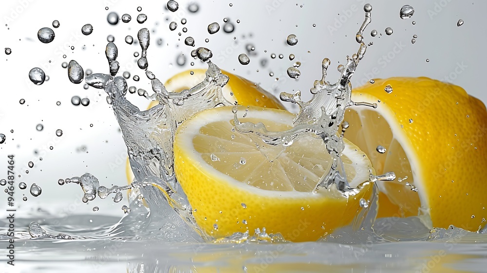 Poster one fresh lemon sliced with watersplash on white background. : generative ai
