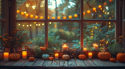 Obraz premium A cozy nook adorned with candles, pumpkins, : Generative AI