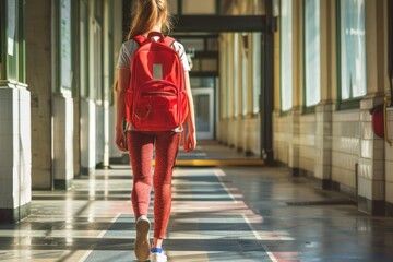 School hallway scene, girl with red backpack and leggings walking away in morning light