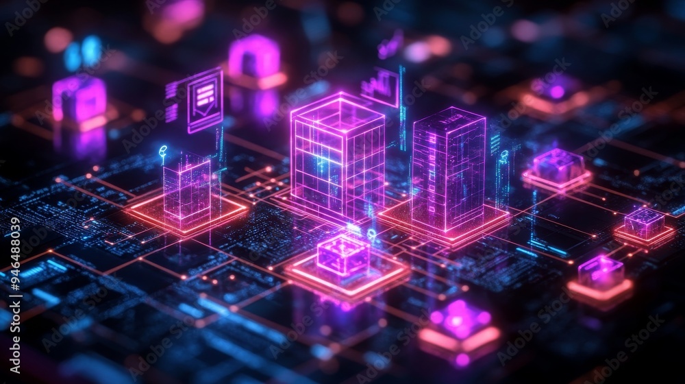 Poster colorful holographic icons related to finance are displayed in a digital environment, creating an en