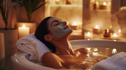 A serene bathroom scene with a woman relaxing in a bathtub, wearing a soothing clay facial mask and surrounded by candles and soft towels