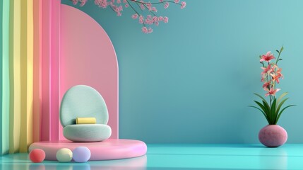 A spa interior decorated in soft rainbow hues, with minimalist furniture and decor creating a serene and inviting atmosphere. The image offers ample copy space for customization.