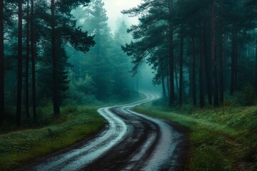 Naklejka premium Serene Journey: Winding Road in Mystical Pine Forest with Morning Mist
