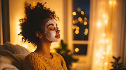 A serene scene of a woman practicing self-care with a sheet mask, sitting in a cozy, well-decorated living room with soft lighting