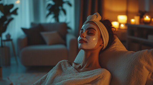 A serene scene of a woman practicing self-care with a sheet mask, sitting in a cozy, well-decorated living room with soft lighting - Powered by Adobe
