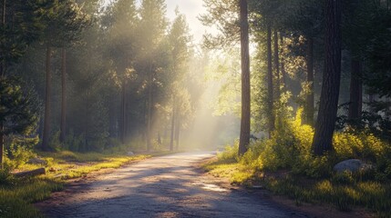 Obraz premium Serene Forest Path Bathed in Sunlight Streaming Through Pine Trees