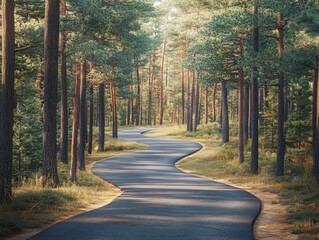 Naklejka premium Serene Path: Bicycle Trail Meandering Through Enchanting Pine Forest