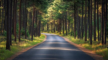 Fototapeta premium Serene Forest Road Bathed in Sunlight Filtering Through Pine Trees - Tranquil Nature Scene