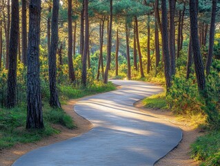 Fototapeta premium Serene Bicycle Path Meandering Through Pine Forest Canopy - Inviting Nature Trail for Cycling Adventures