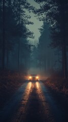 Obraz premium Enchanting Night Drive Through Pine Forest - Mysterious and Adventurous Journey with Car Headlights Lighting the Dark Road