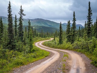 Fototapeta premium Serene Dirt Road Meandering Through Untamed Pine Forest