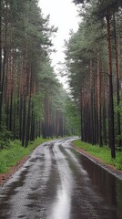 Fototapeta premium Tranquil Path Through Rain-Kissed Pine Forest - Serene Nature Scene of Freshness and Renewal