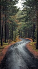 Naklejka premium Serene Path through Refreshing Pine Forest After Rainfall