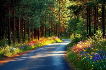 Fototapeta premium Scenic Forest Road with Vibrant Wildflowers and Pine Trees in Bloom