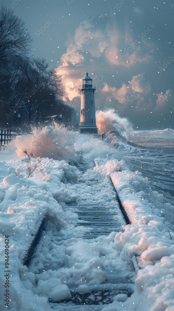 Sticker winter, splashing wave and south haven lighthouse