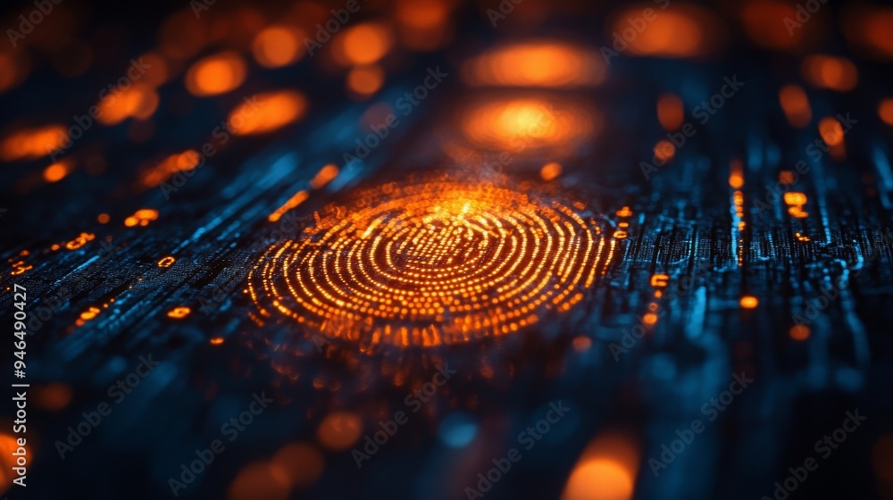Poster holographic symbols representing identity verification are illuminated on a dark, textured surface, 