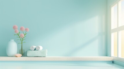 A tranquil spa room decorated in blue hues, with a minimalistic design and plenty of copy space for customization.