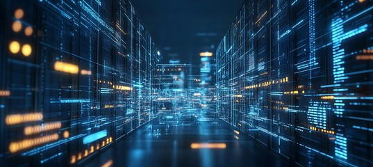 A digital world featuring interconnected data streams and smart city systems.
