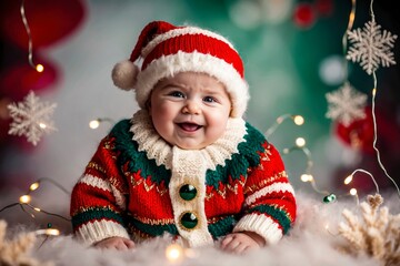 Happy Baby in Festive Sweater and Santa Hat Enjoying Christmas Decorations During the Holidays