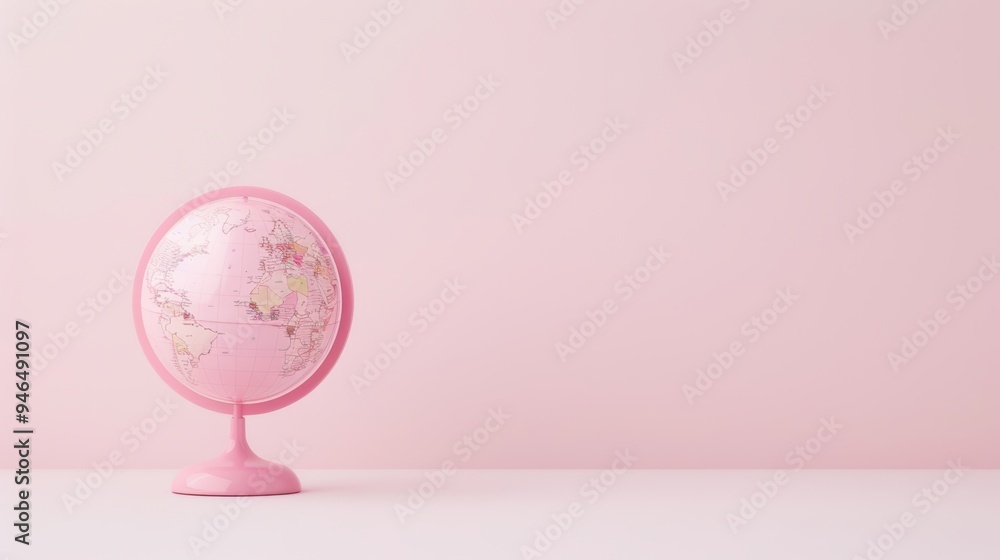 Poster a minimalistic pink globe on a simple stand, set against a clean, white background with copy space. 