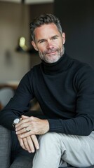 Fototapeta premium A man wearing a black sweater and white pants sits on a couch