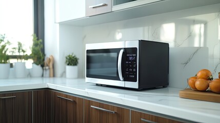Fototapeta premium Modern kitchen with a microwave on a white marble countertop. White kitchen