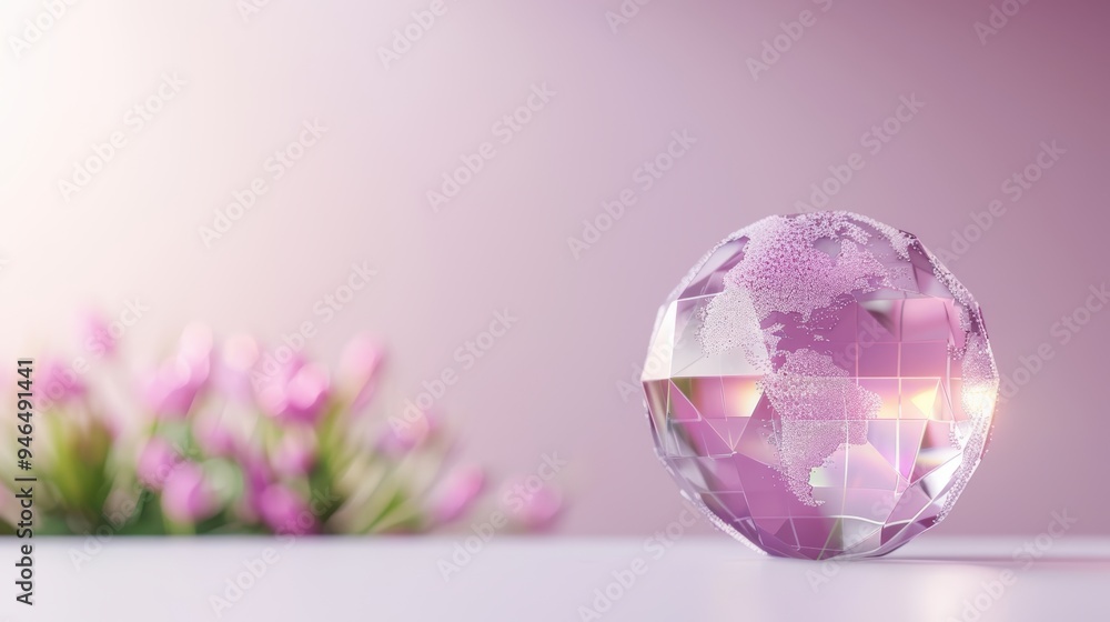 Poster an abstract composition featuring a purple globe overlaid with geometric shapes, set against a minim