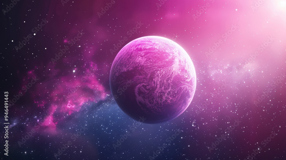 Poster a conceptual image of a purple globe floating in space, surrounded by stars and nebulae. the minimal