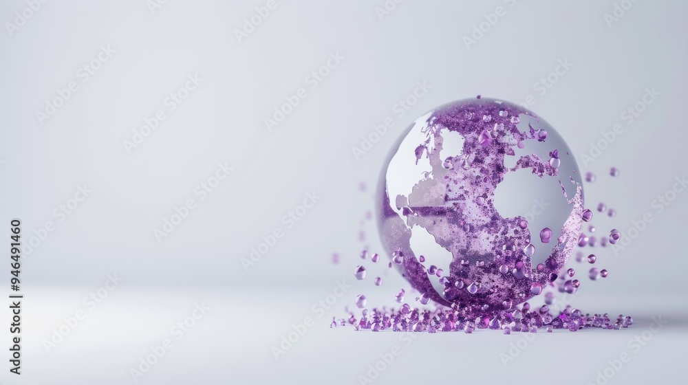 Sticker A conceptual image of a purple globe surrounded by abstract shapes and symbols, set against a clean, white background. The minimalist design and ample copy space make it suitable for a variety of