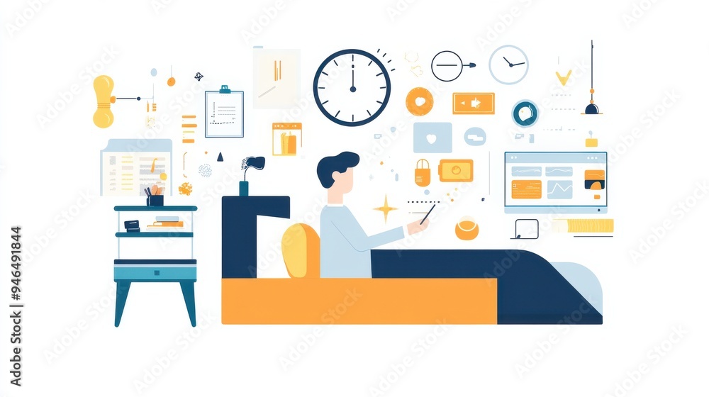 Poster -based infographic illustrating a person engaged in digital activities surrounded by various icons r