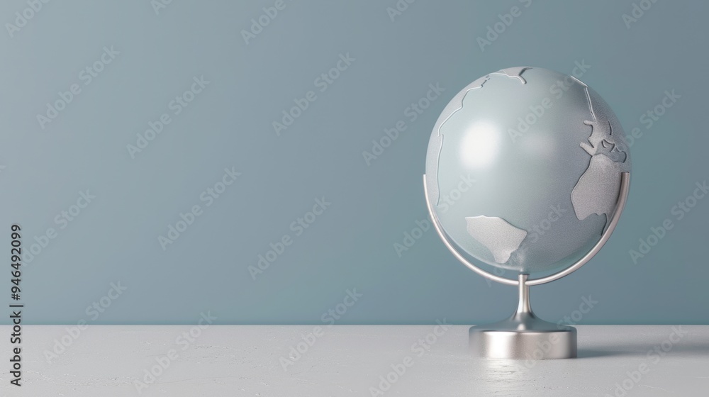 Poster a stylish silver globe placed on a pedestal, with a minimalist design that emphasizes its elegance. 