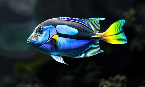 A blue tang fish swimming in the deep blue ocean