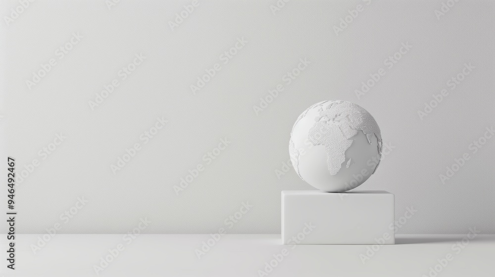 Poster a modern and sleek white globe on a minimalistic white background, highlighting the concept of globa