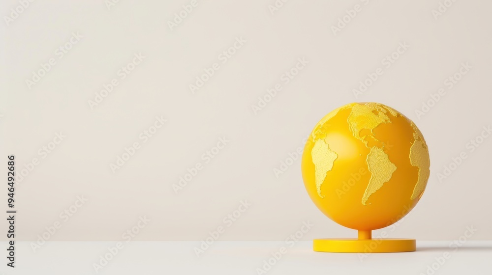 Poster a simple yellow globe resting on a plain surface, with a white background providing ample copy space