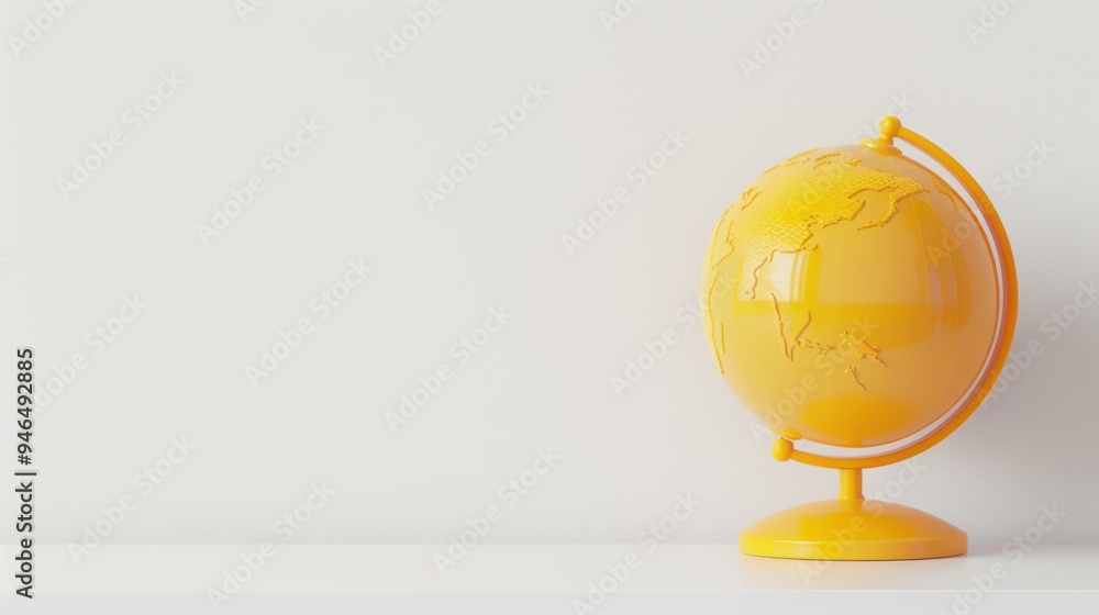Poster a simple yellow globe on a stand, against a clean white background. the image provides plenty of cop