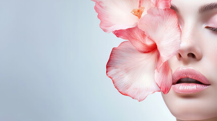 Close-up of a serene woman with a pink flower covering one eye, highlighting natural beauty and floral elegance against a soft background.