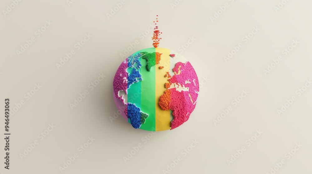 Poster a simple and elegant globe with a rainbow-colored overlay, representing peace and inclusivity. the m