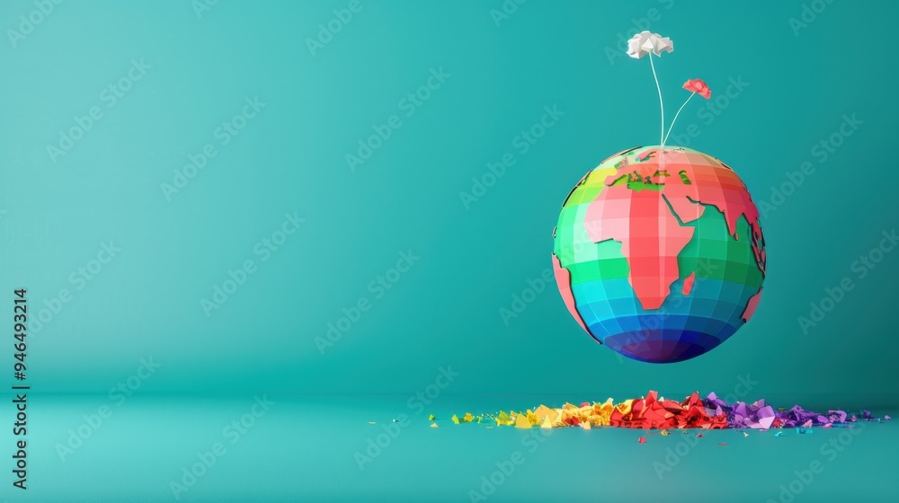 Poster a globe decorated with a rainbow color scheme, emphasizing the concept of global unity and acceptanc