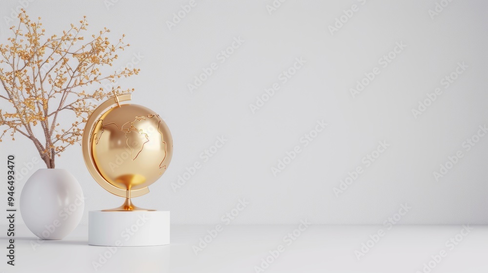 Poster a minimalist gold globe on a white background, symbolizing global success and achievement. the image
