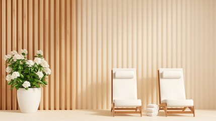 A luxurious spa interior designed in brown hues with minimalistic elements and generous copy space. The tranquil setting is ideal for showcasing spa treatments and relaxation concepts.