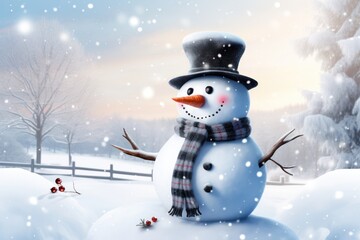 Obraz premium A happy snowman with a top hat and coal eyes smiling in a winter wonderland surrounded by soft