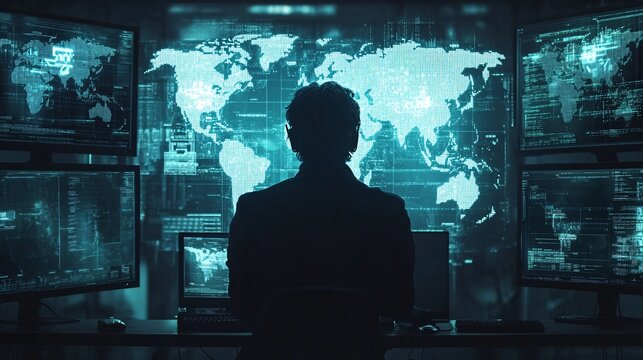 Cybersecurity Expert Monitoring Global Networks - Hacker in Action with Digital World Map Overlay and Multiple Screens Displaying Data