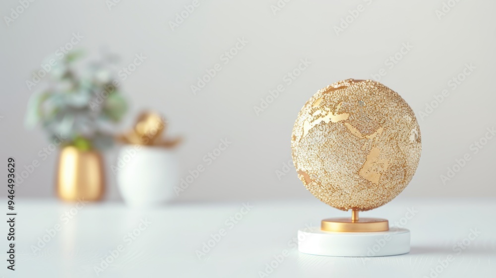 Poster a golden globe floating in a minimalist white space, evoking ideas of luxury, elegance, and global u