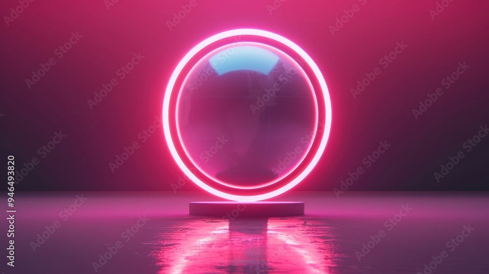 Poster a minimalist neon globe design, glowing softly against a dark background, with plenty of copy space 