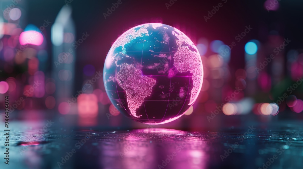 Poster a neon globe floating in a dark space, with minimalist design elements that emphasize its futuristic
