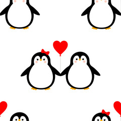 Seamless pattern with cute cartoon pair of penguins in love with a balloon in the shape of a heart. 