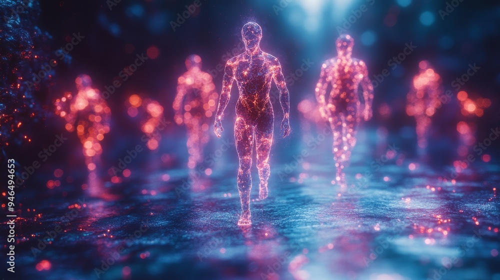 Poster a holographic display features a series of evolving human figures composed of glowing particles, sho
